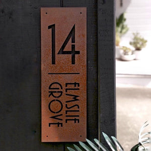 Corten steel art deco style house number address sign NZ